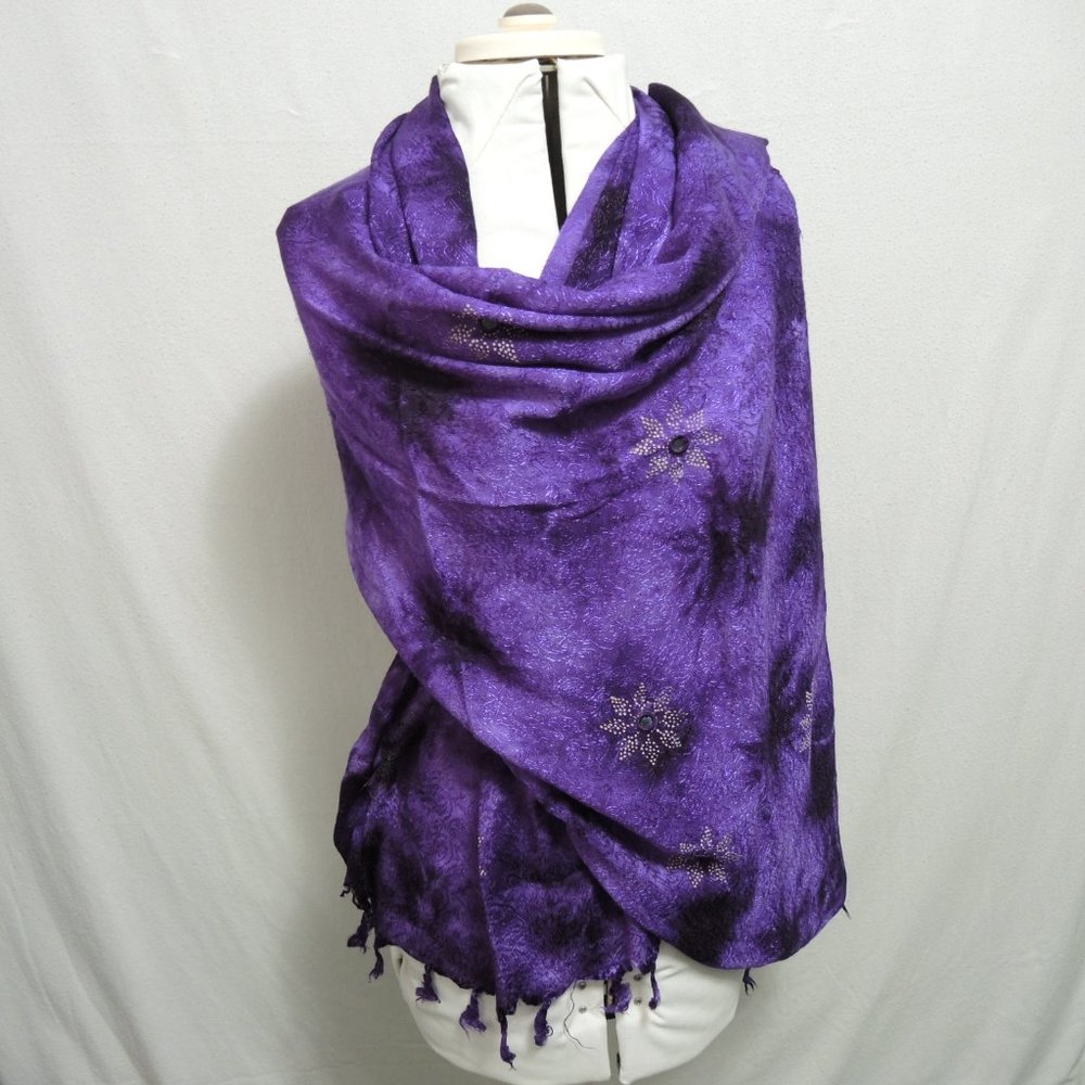 4/$25 Dark Purple Scarf or Wrap w/ Fringe 42" x 63" Flower Mirror Embellishment